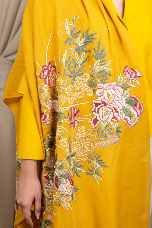 Symphony Bloom | Embroidered Fine Merino Wool Stole